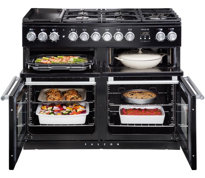 Falcon Nexus SE Dual Fuel in Black, Open ovens with food