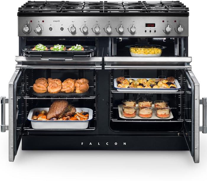 Falcon Esprit Dual Fuel in Stainless Steel with food in ovens