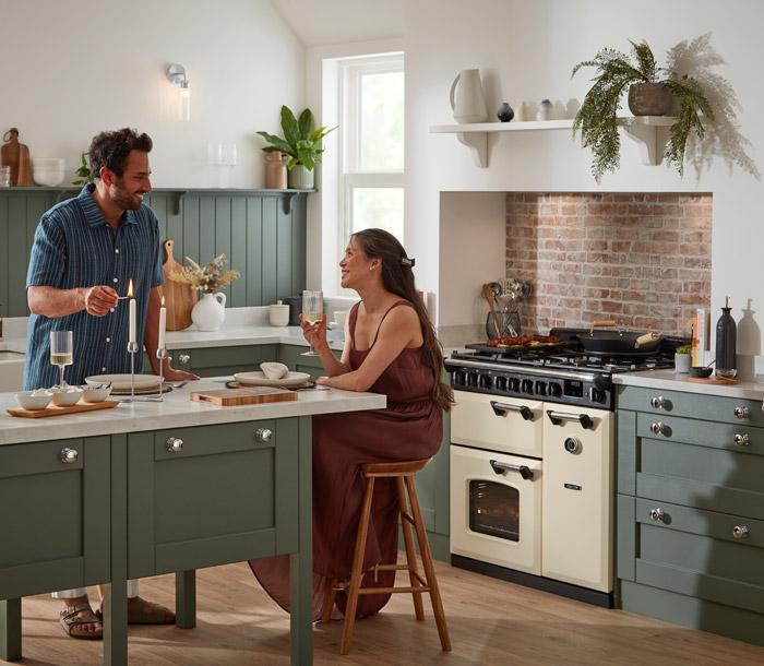 Falcon Classic Deluxe 90 Dual Fuel in Pale Cream in green kitchen
